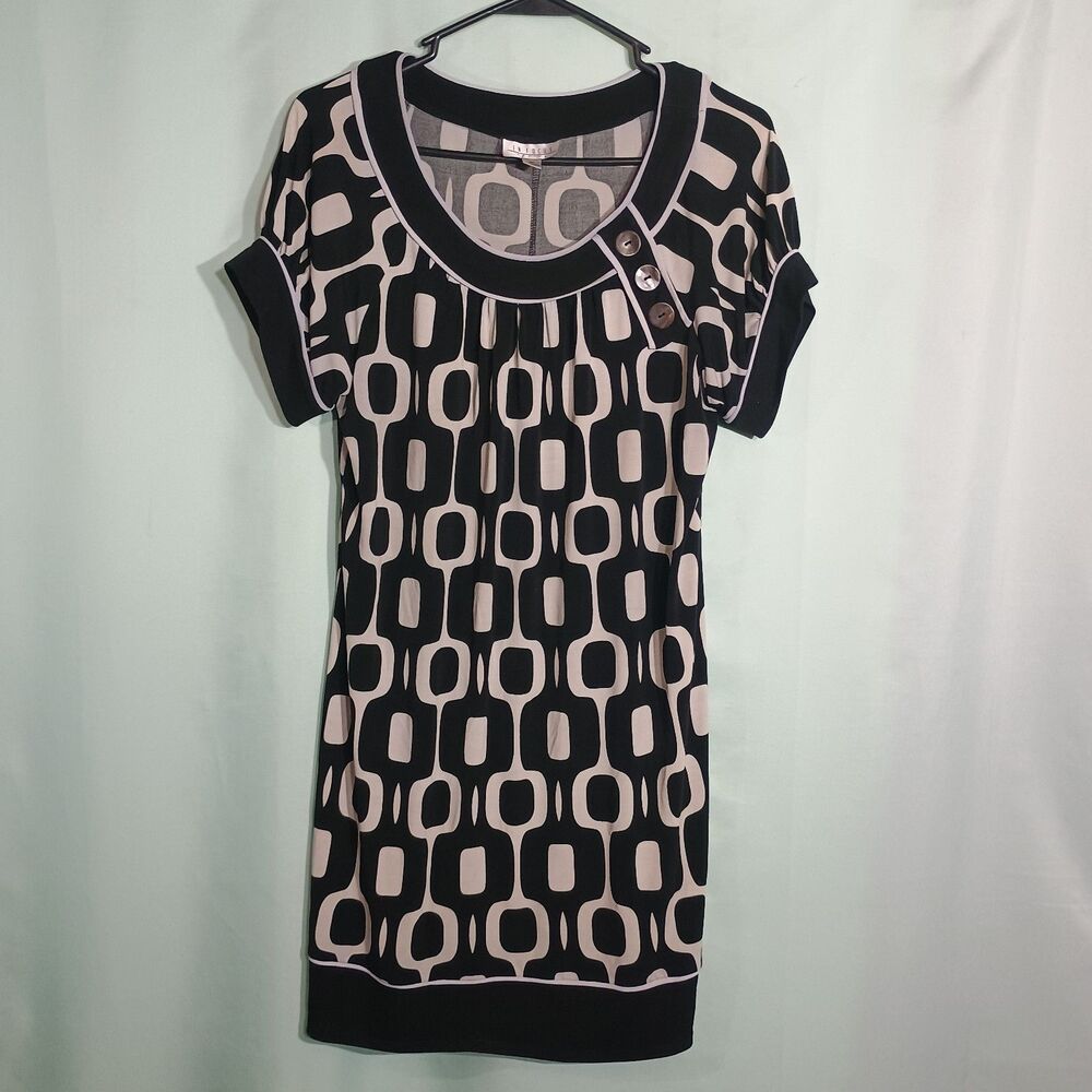 Black Beige Geometric Print Short Sleeve Tunic Dress Button Detail size 10P